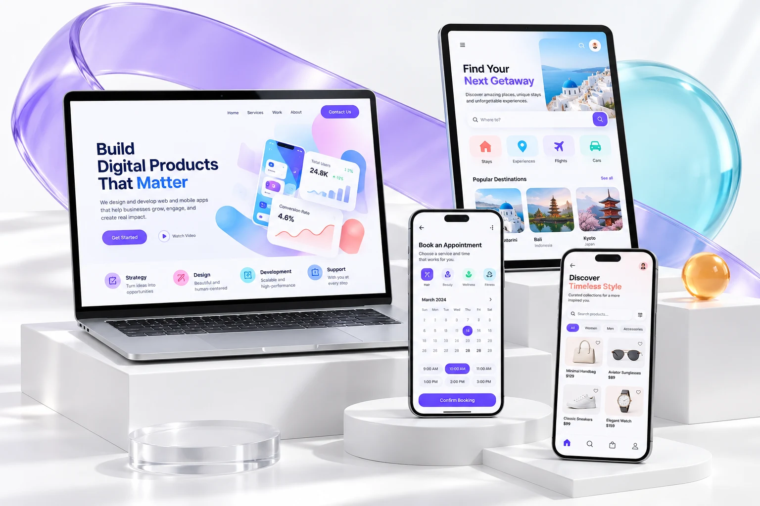 Laptop, tablet and smartphones with colorful digital design concepts