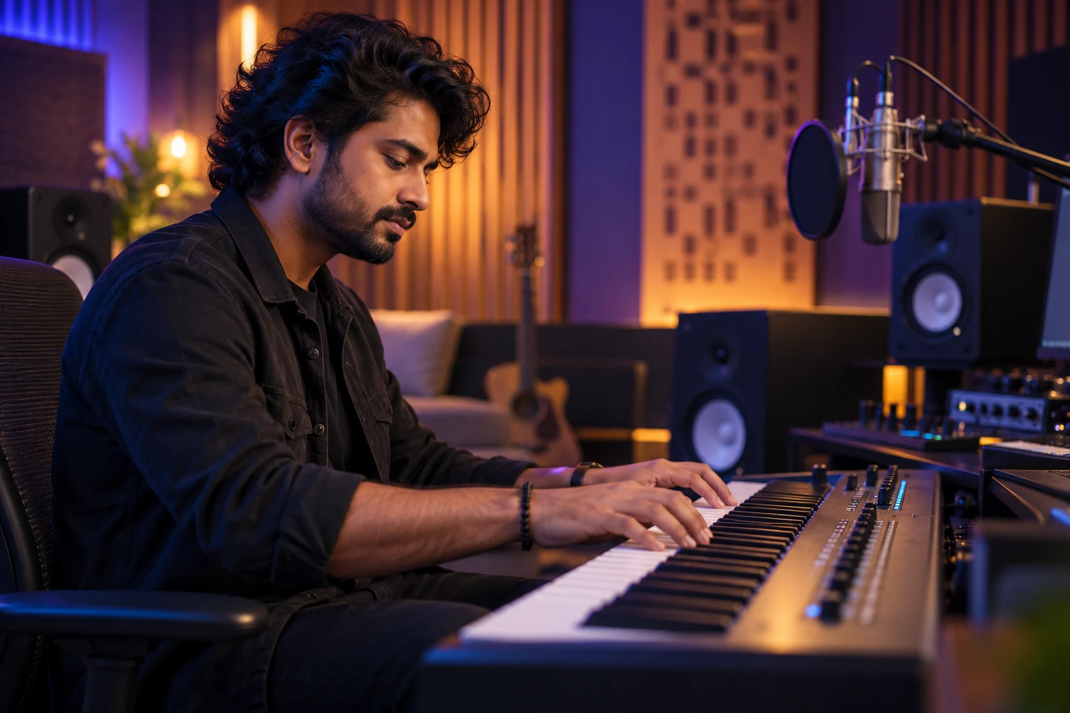 Composer playing a keyboard in a recording studio