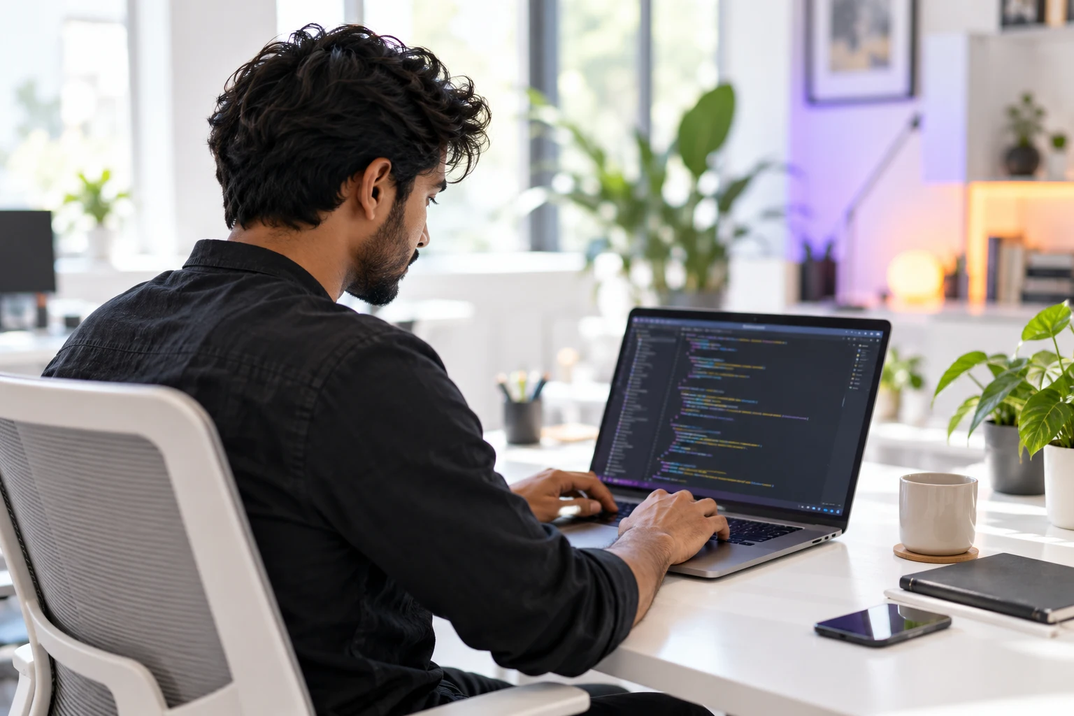 Developer writing code on a laptop