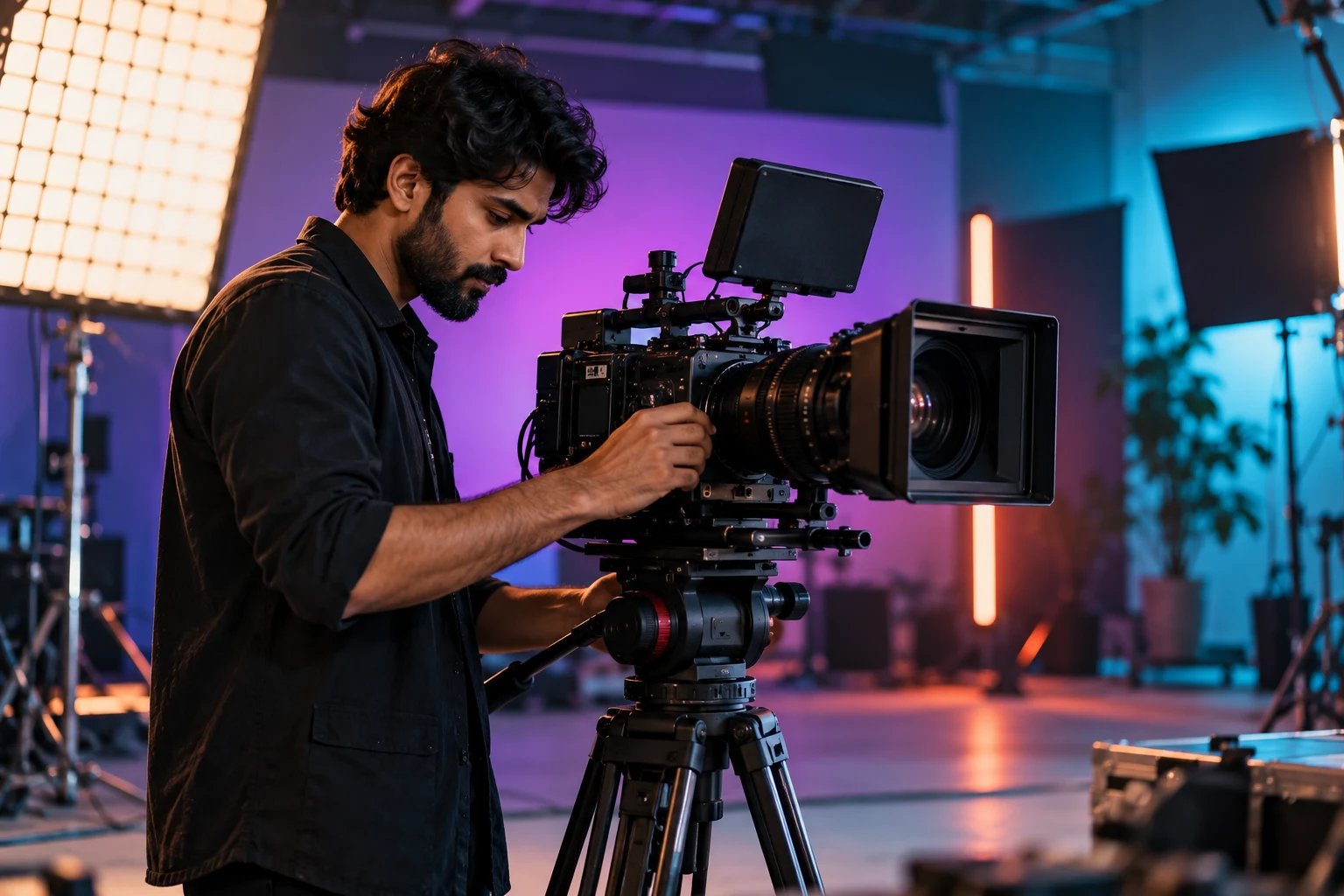 Cinema camera and filmmaker in a production studio